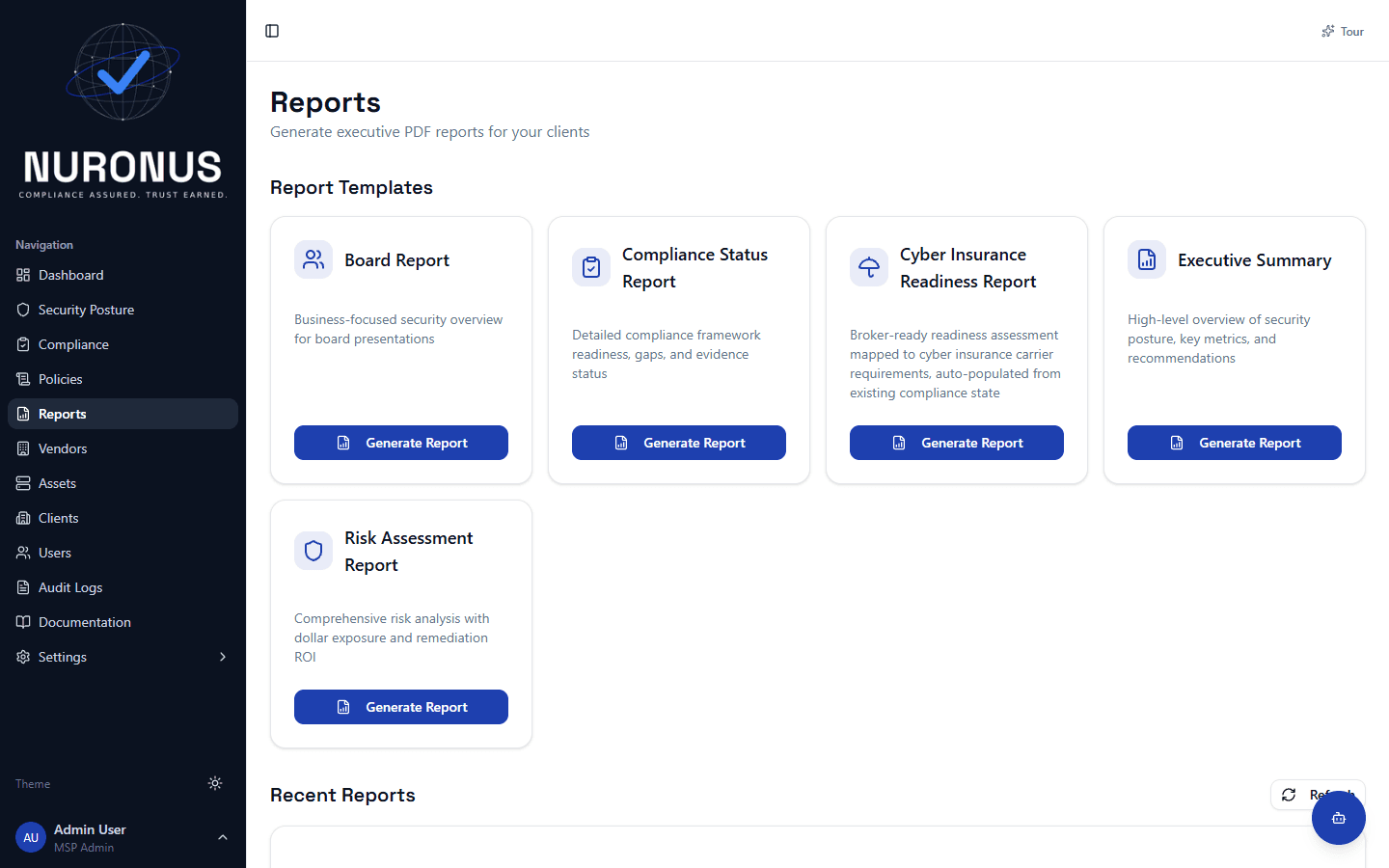 Nuronus white-label report templates including compliance status and executive summary