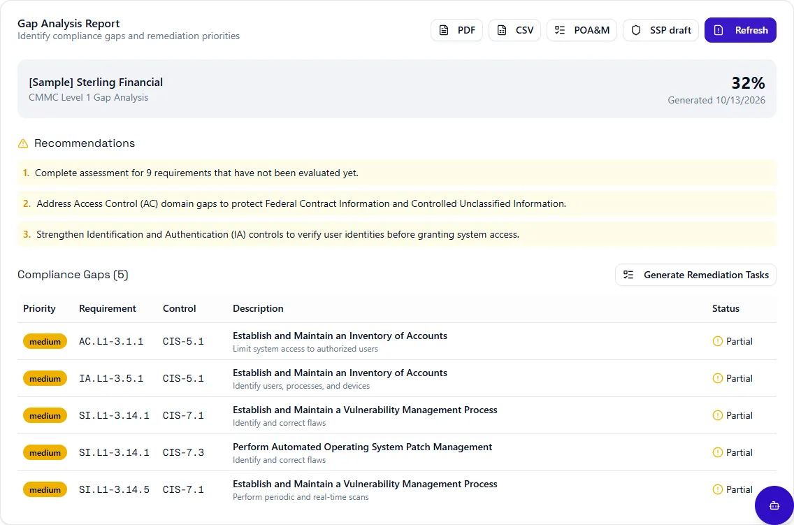 Nuronus CMMC Level 1 gap analysis for Sterling Financial with POA&M and SSP draft export buttons, 32% readiness, and remediation recommendations