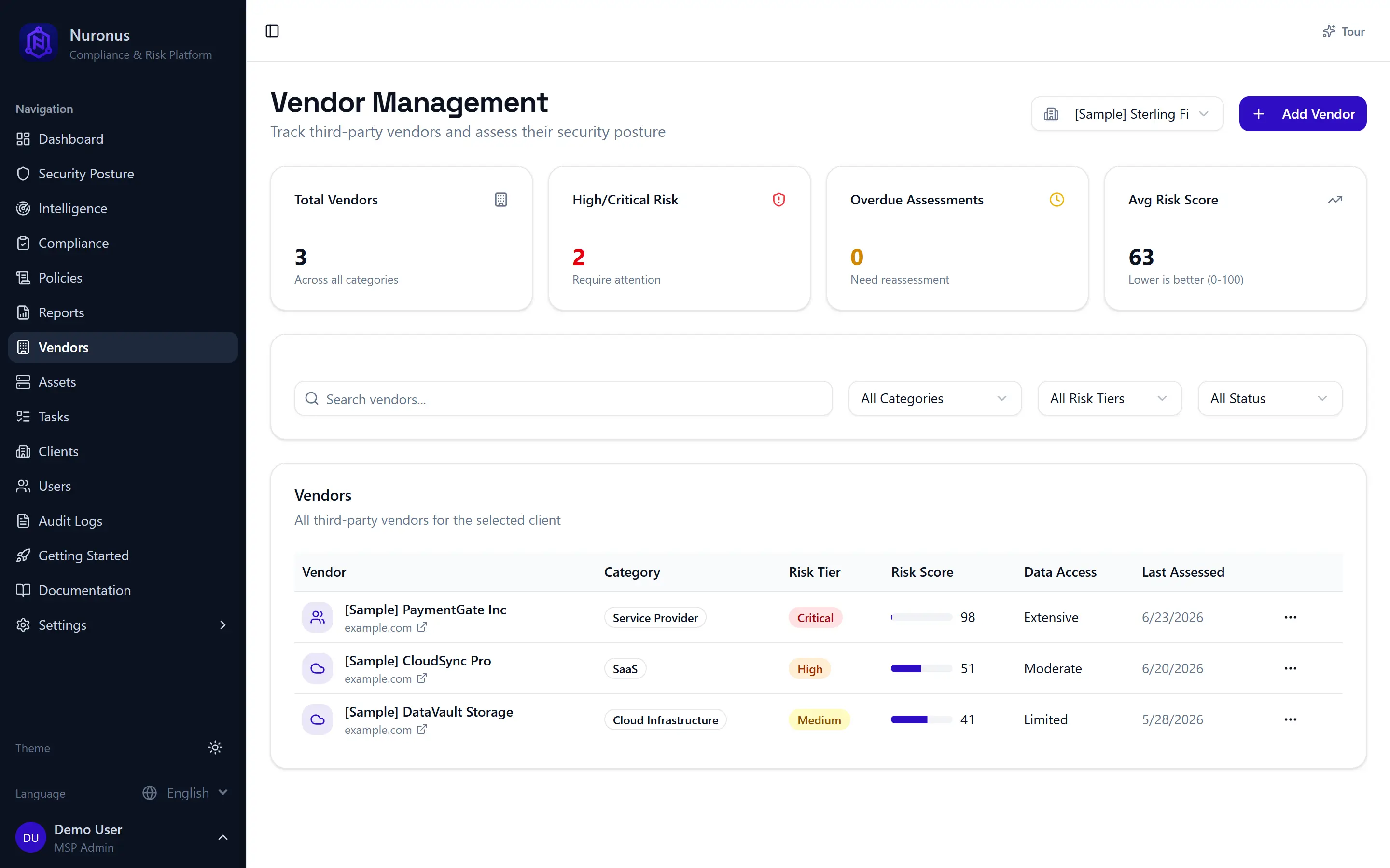 Nuronus vendor risk management for MSP clients